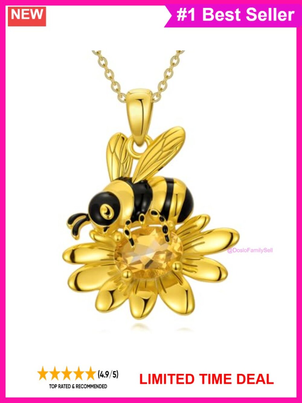 Reaii Citrine Bee Sunflower Pendant Necklace 925 Sterling Silver